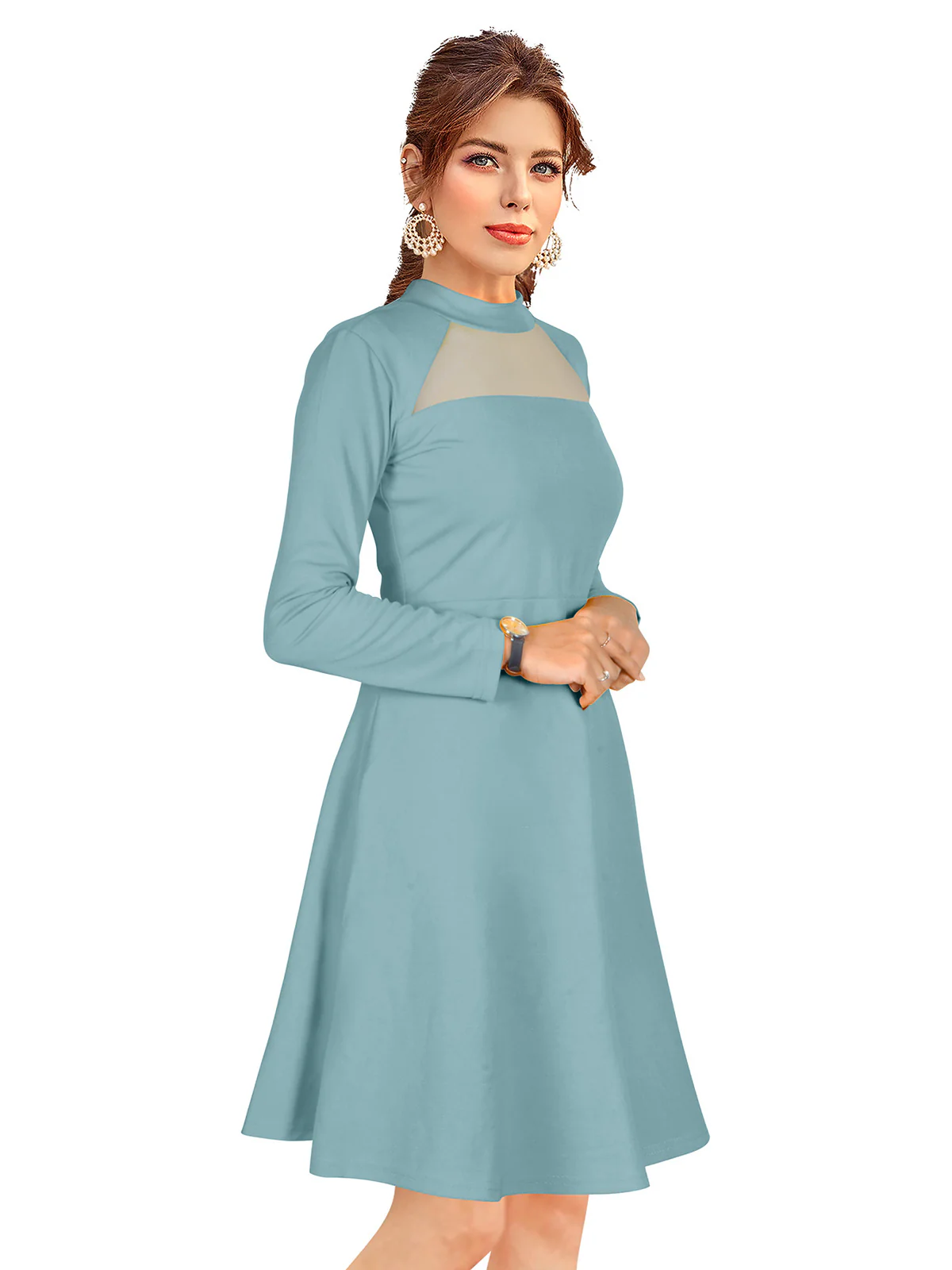 Odette Light Blue Skater Knit Fabric  Dress For Women - Image 2