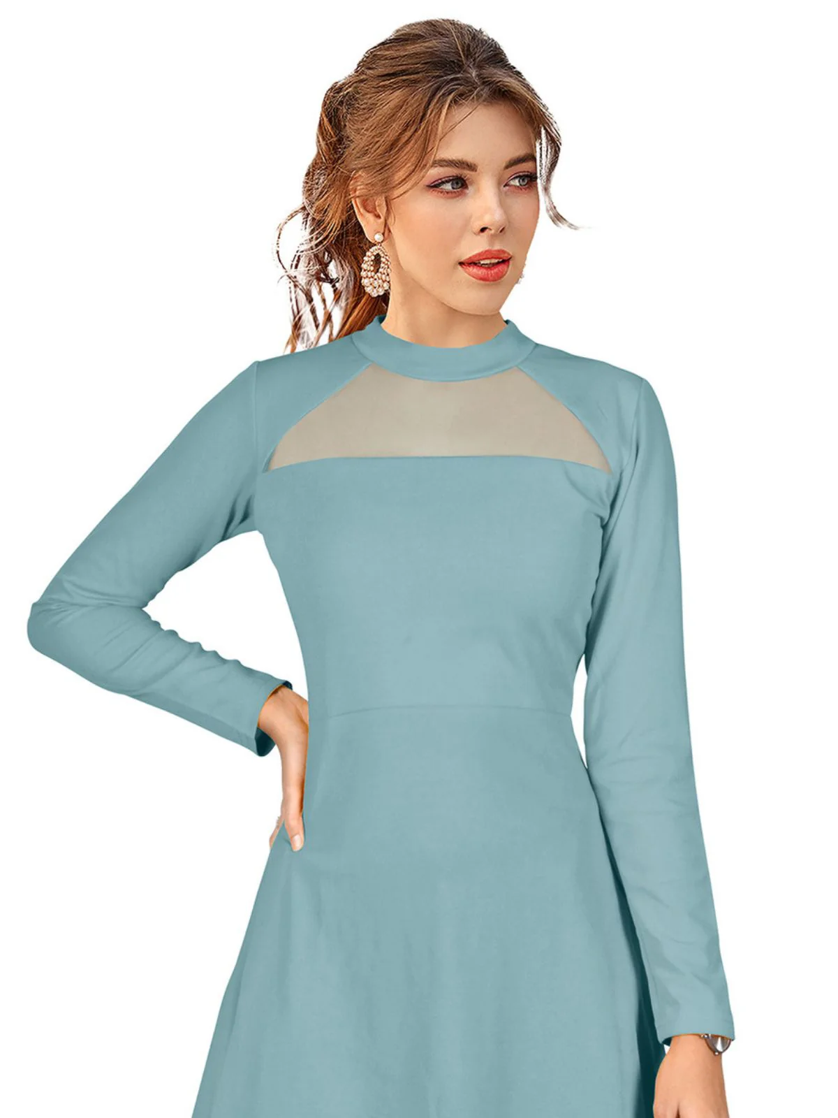 Odette Light Blue Skater Knit Fabric  Dress For Women - Image 5