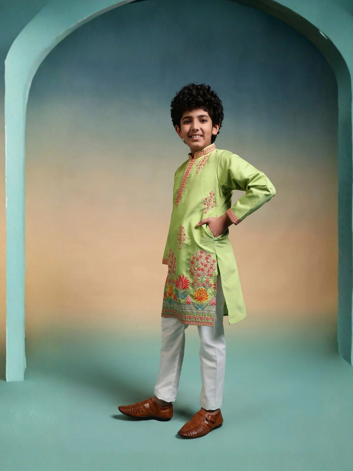 Odette Pista Viscose Silk Embroidered Stitched Kurta Set For Kids - Image 2