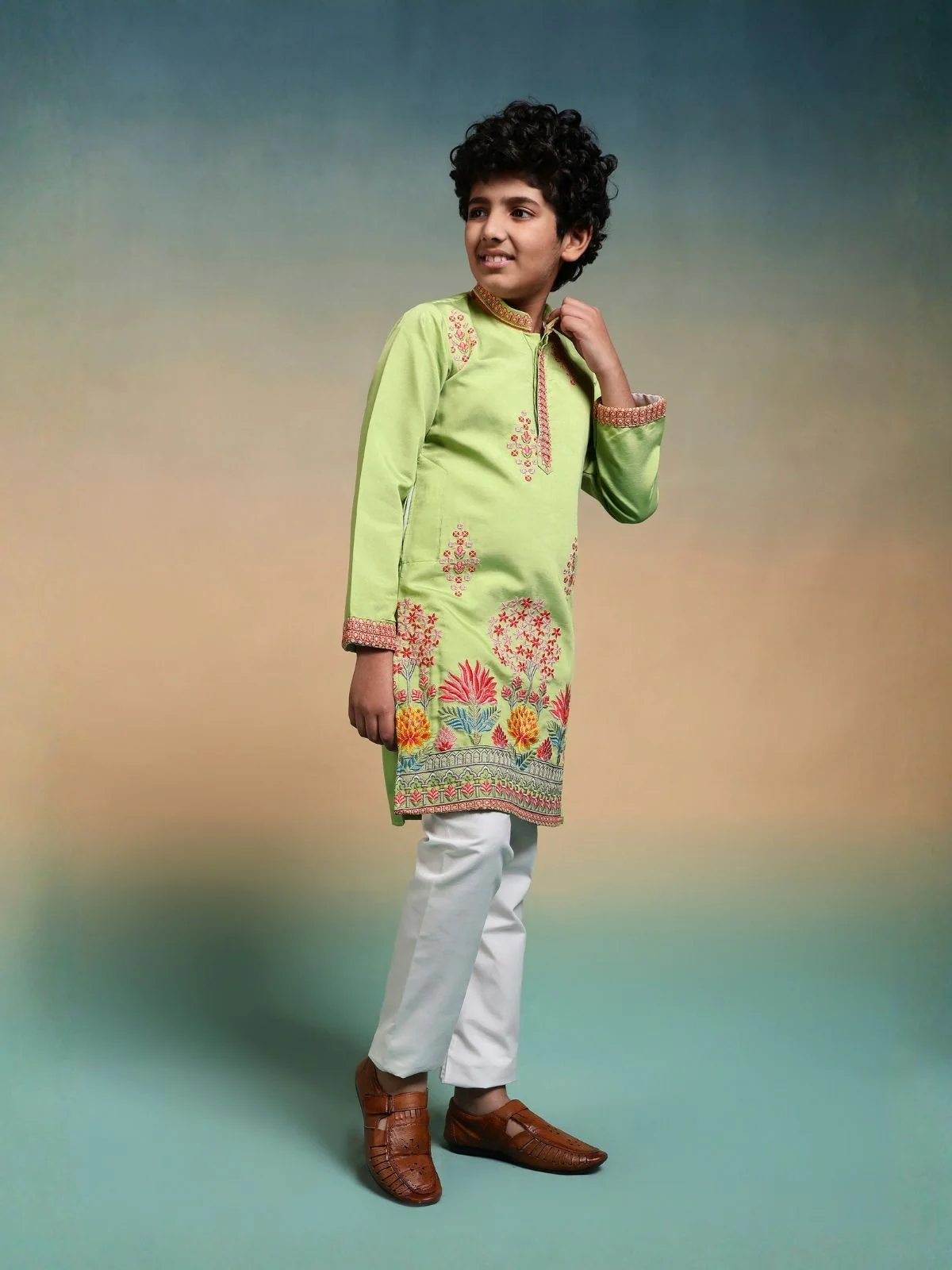 Odette Pista Viscose Silk Embroidered Stitched Kurta Set For Kids - Image 3