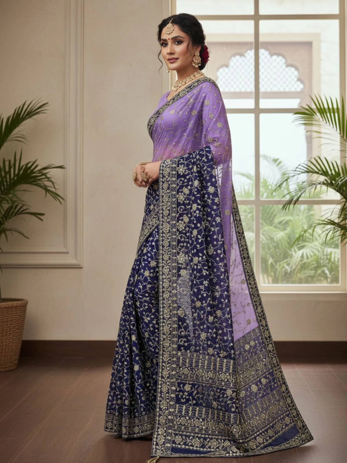 Odette Purple And Blue Georgette Embellished Solid Saree For Women - Image 2
