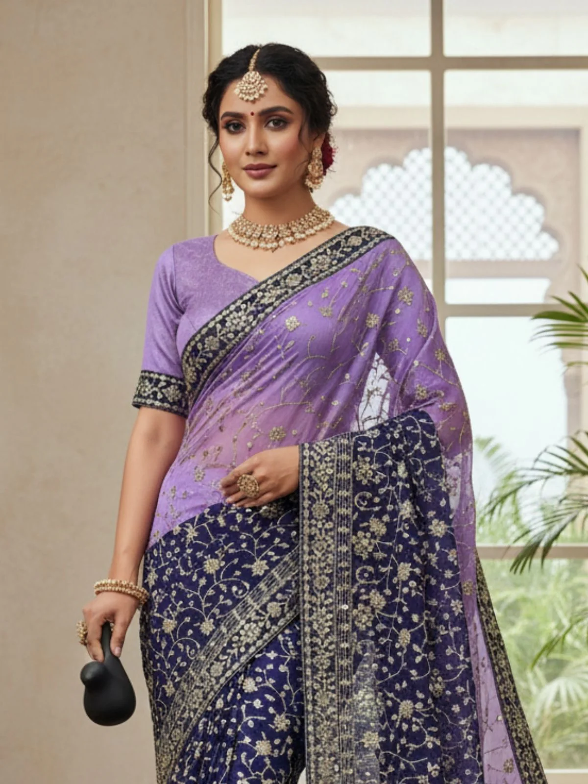 Odette Purple And Blue Georgette Embellished Solid Saree For Women - Image 3