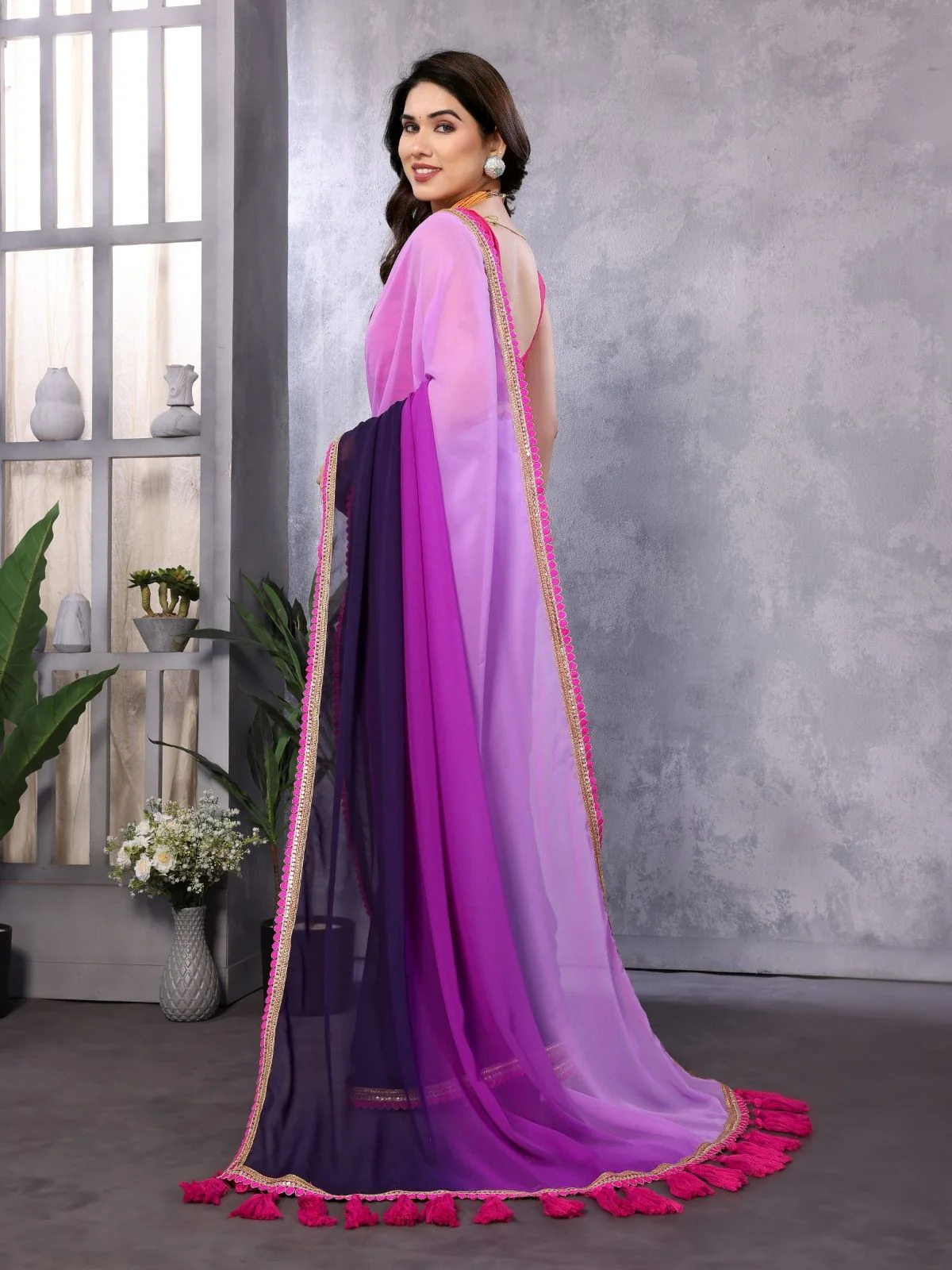 Odette Purple And Blue Georgette Lace Work Saree With Unstitched Blouse For Women - Image 3
