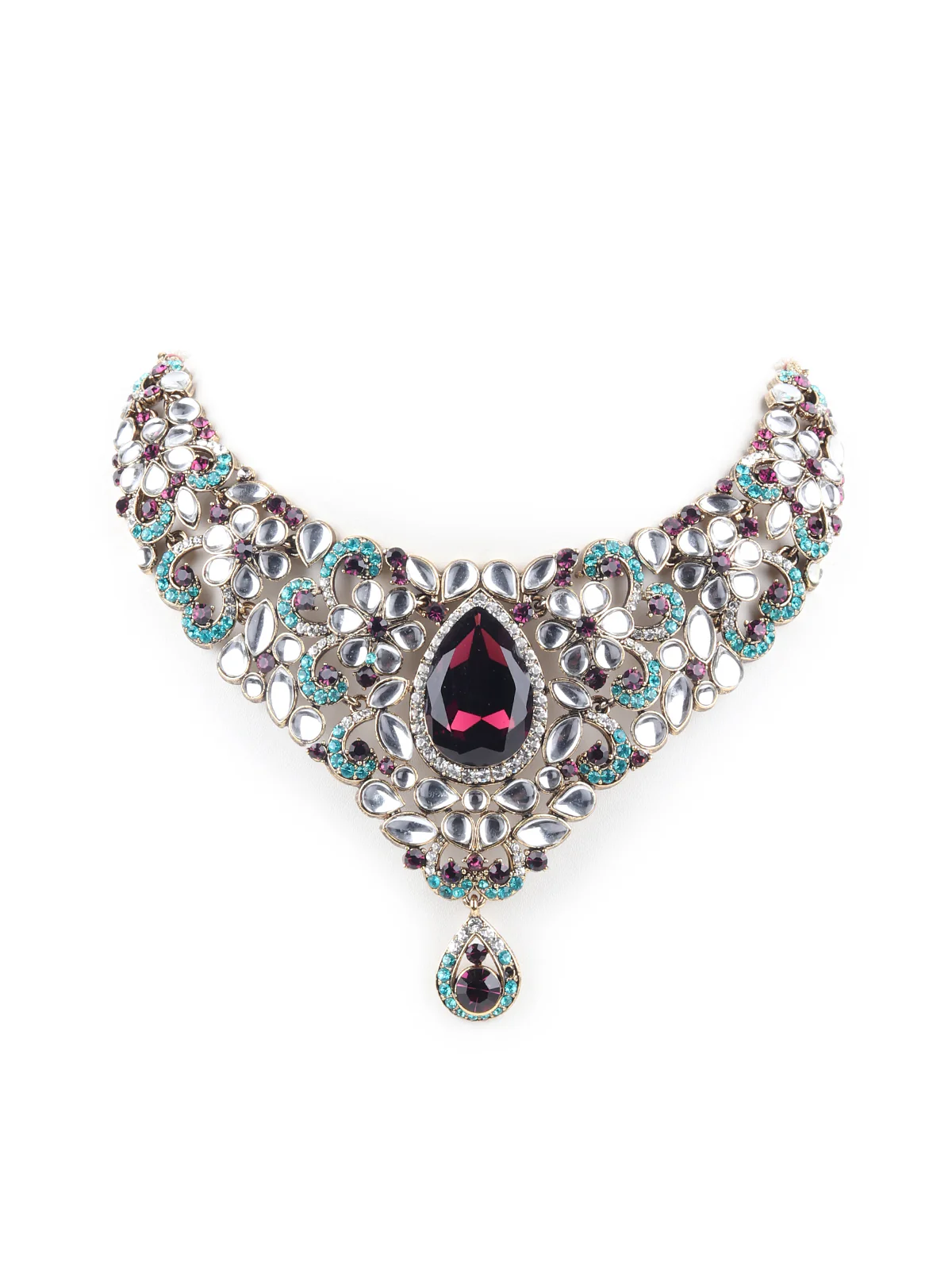 Odette Purple and Blue Stone Studded Necklace Set with Maangtika for Women - Image 3