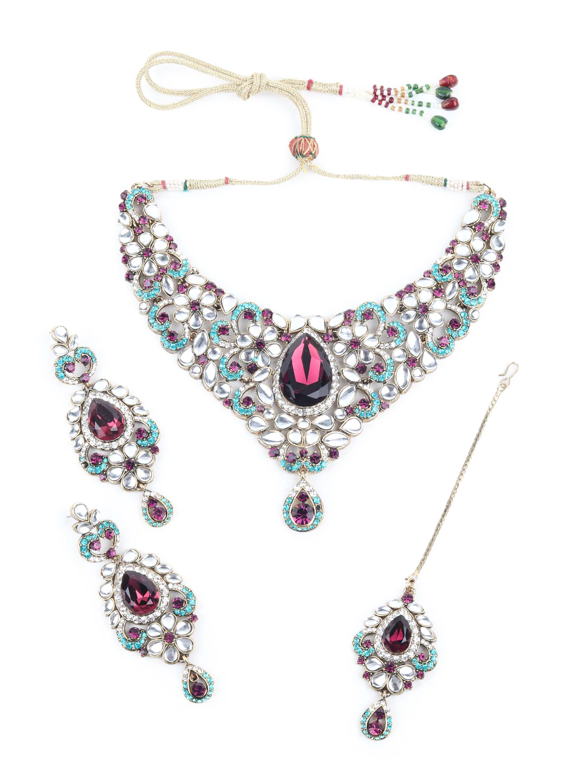 Odette Purple and Blue Stone Studded Necklace Set with Maangtika for Women - Image 4