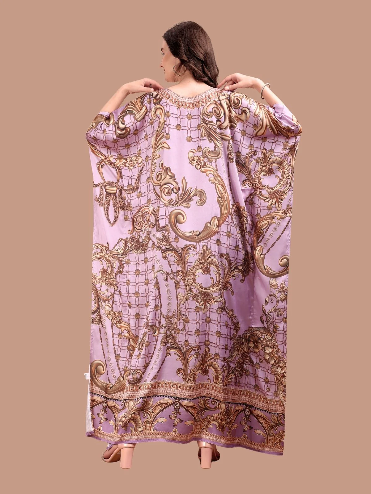 Odette Purple And Brown Satin Printed Kaftan For Women - Image 3