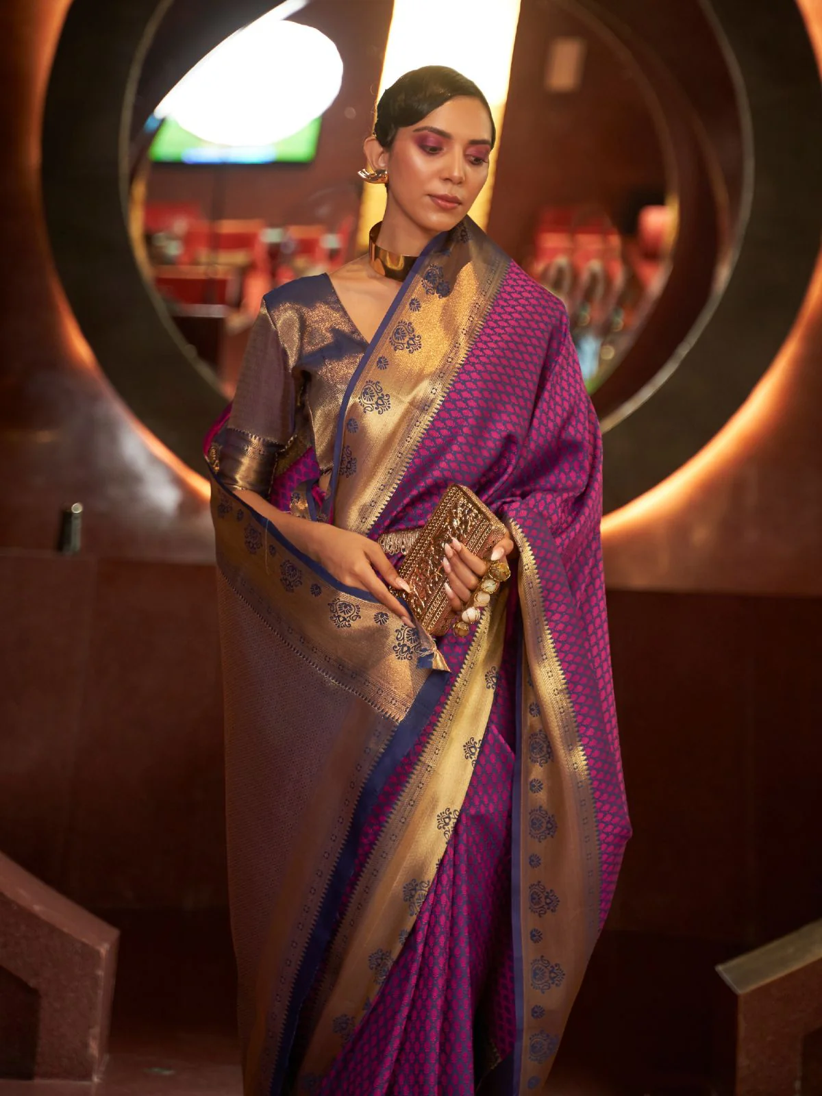 Odette Purple And Gold Woven Design Silk Blend Saree With Unstitched Blouse For Women - Image 2