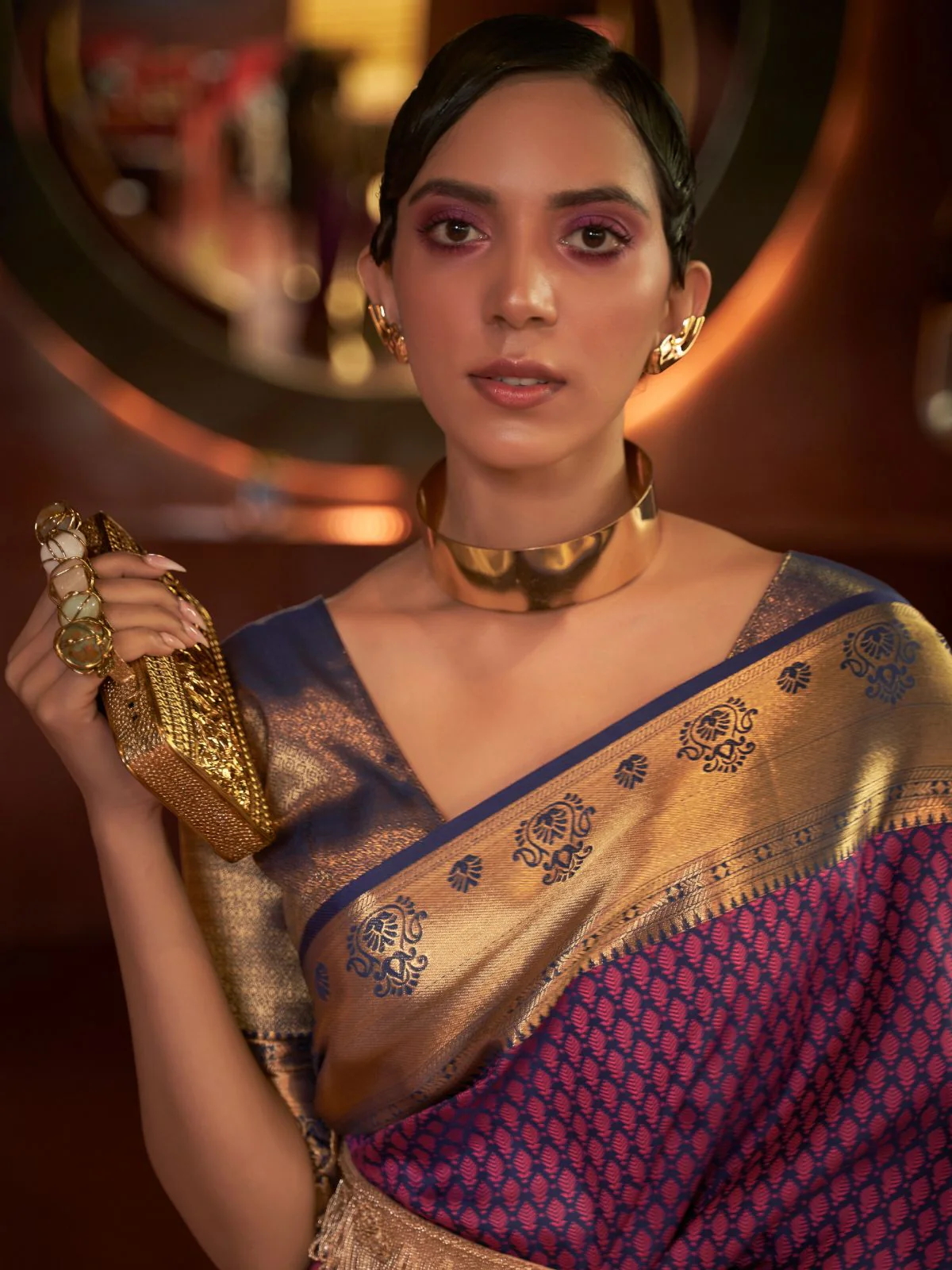 Odette Purple And Gold Woven Design Silk Blend Saree With Unstitched Blouse For Women - Image 3