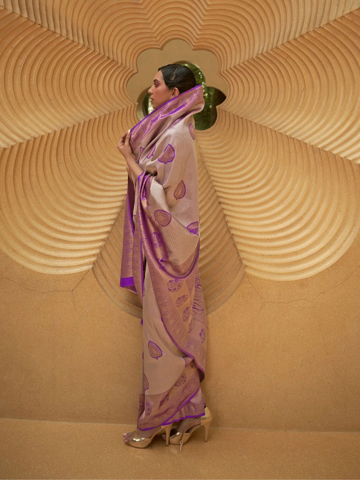Odette Purple Woven Design Silk Blend Saree With Unstitched Blouse For Women - Image 2