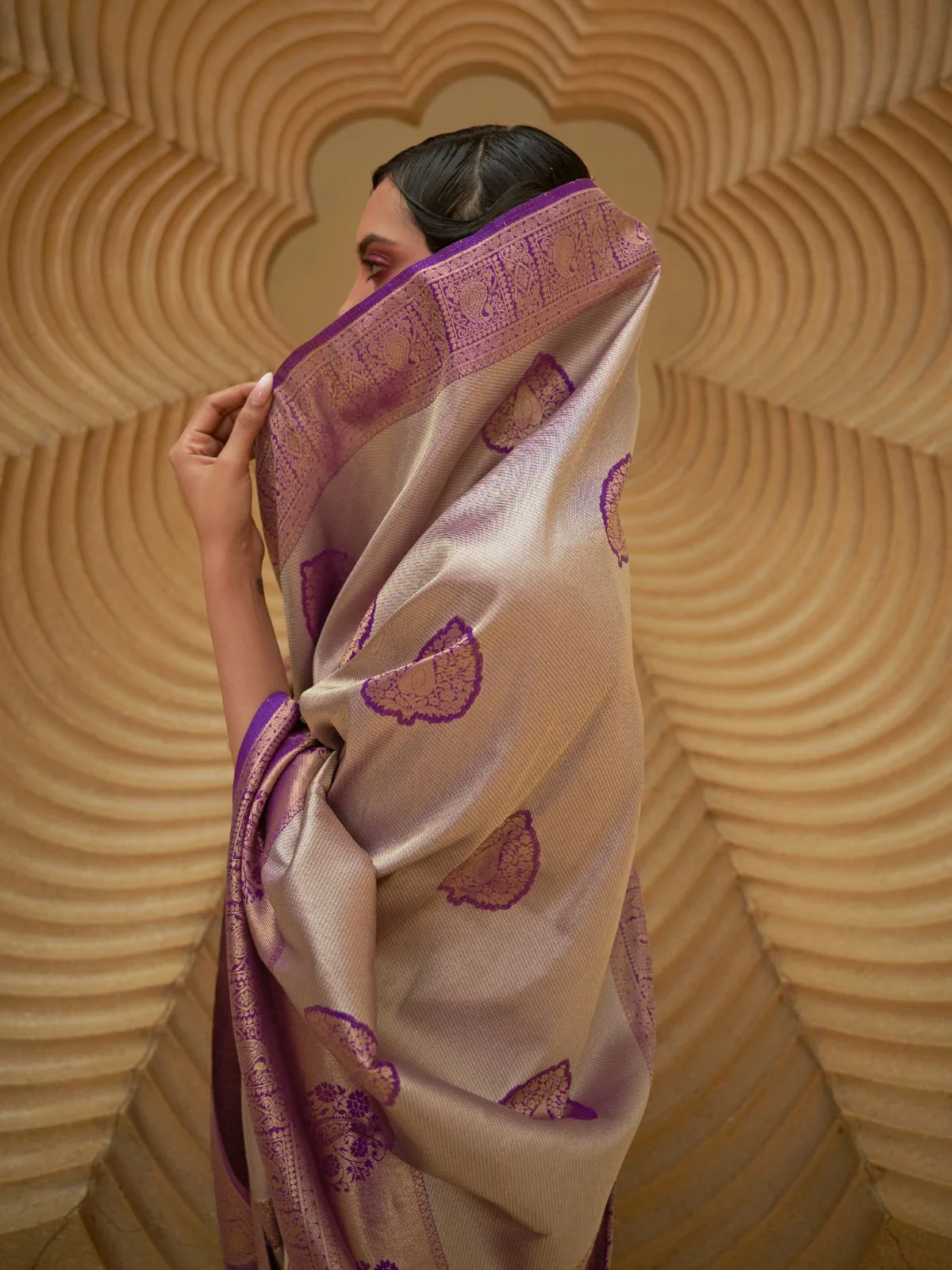 Odette Purple Woven Design Silk Blend Saree With Unstitched Blouse For Women - Image 3