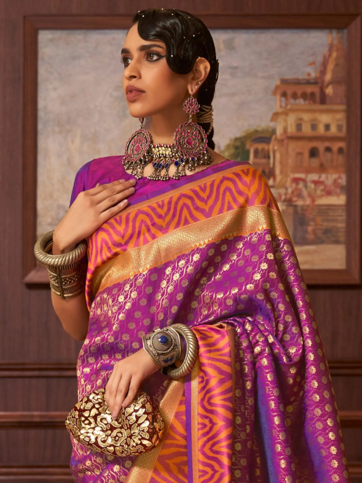 Odette Purple And Gold Woven Design Silk Blend Saree With Unstitched Blouse For Women - Image 2