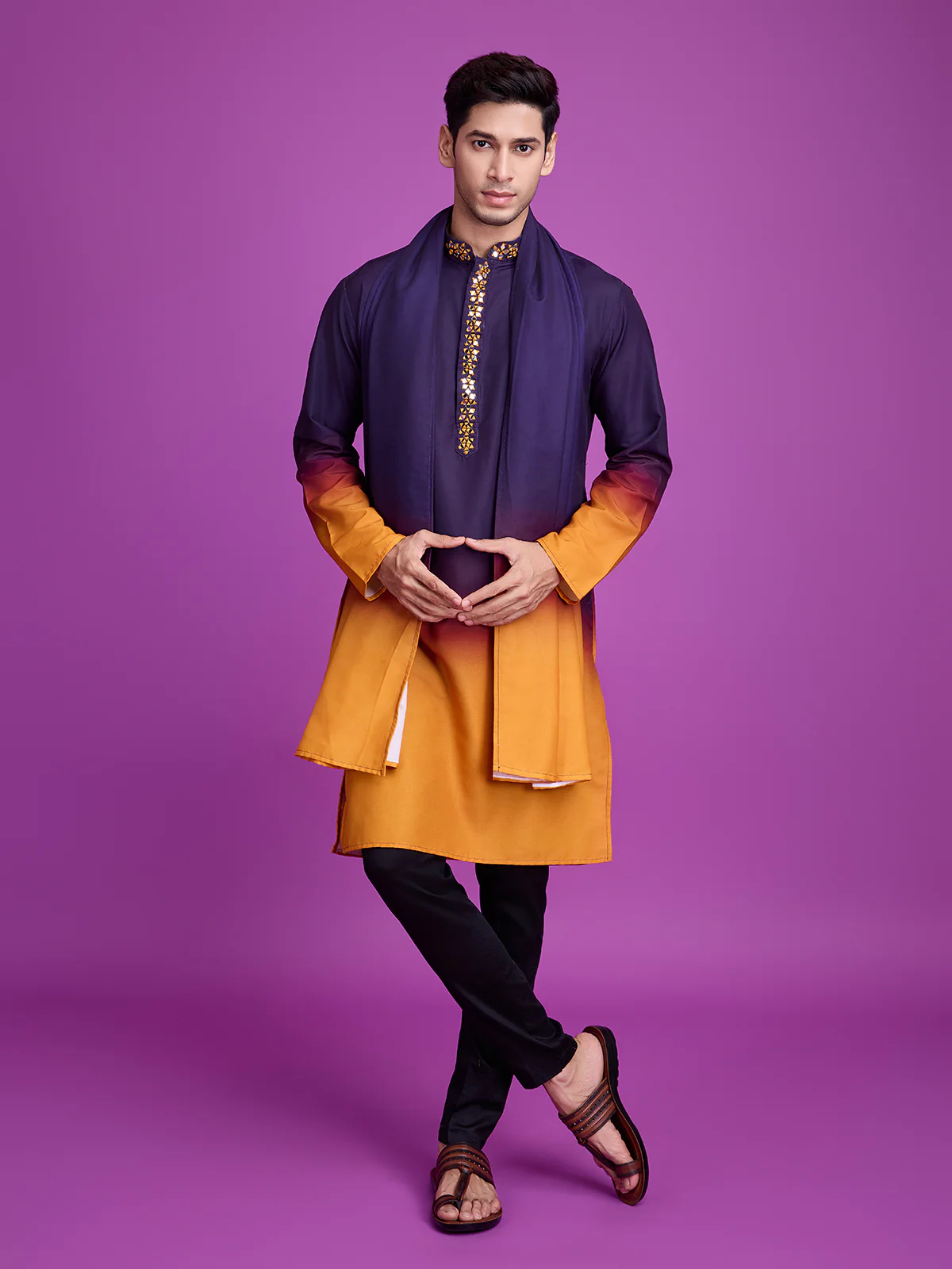 Odette Purple And Mustard Ombre Rayon Kurta With Dupatta For Men - Image 2