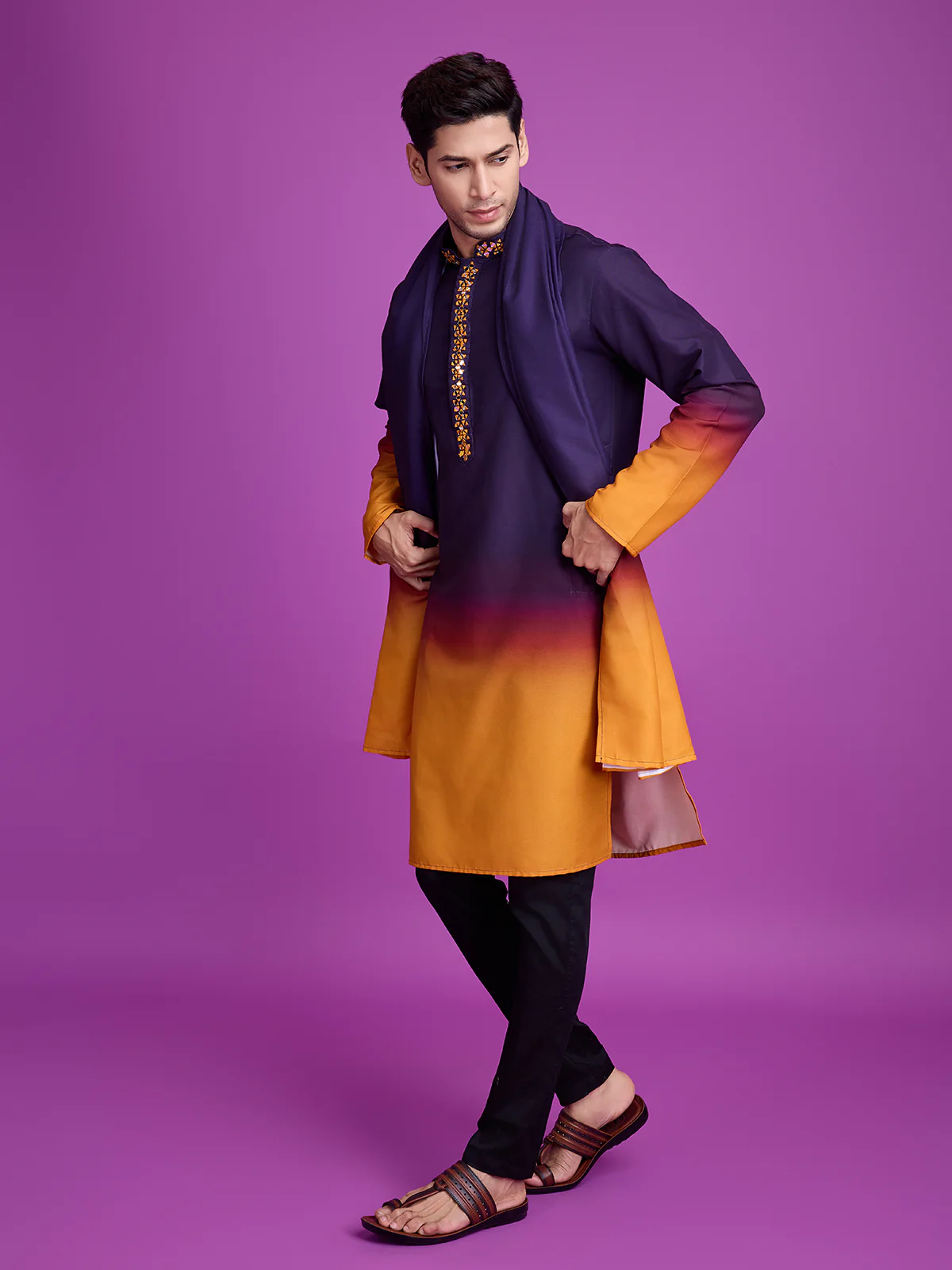 Odette Purple And Mustard Ombre Rayon Kurta With Dupatta For Men - Image 3