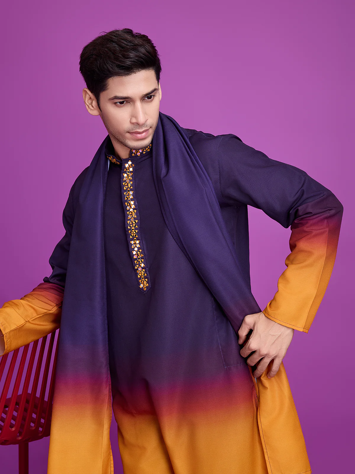 Odette Purple And Mustard Ombre Rayon Kurta With Dupatta For Men - Image 5