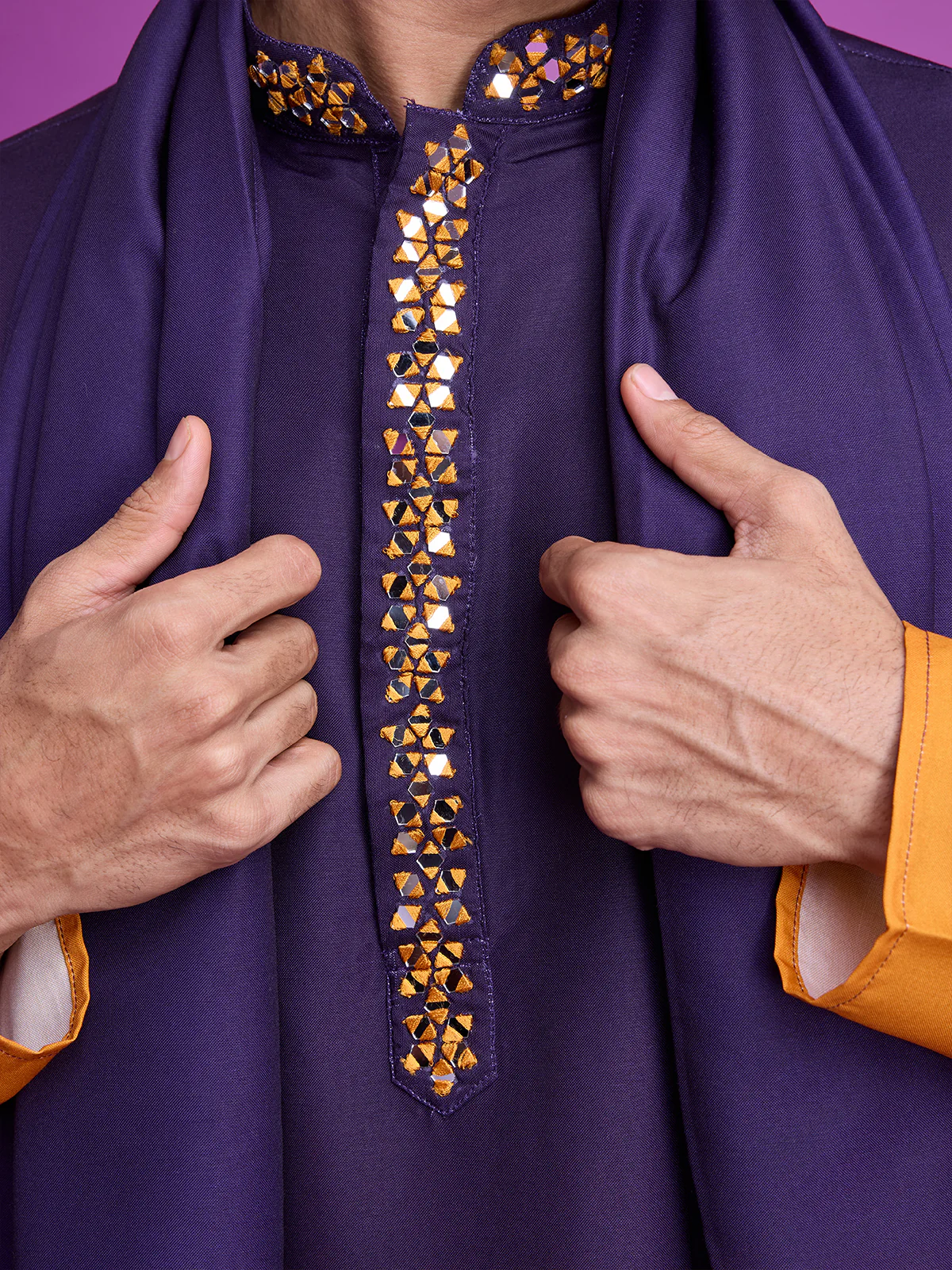 Odette Purple And Mustard Ombre Rayon Kurta With Dupatta For Men - Image 6