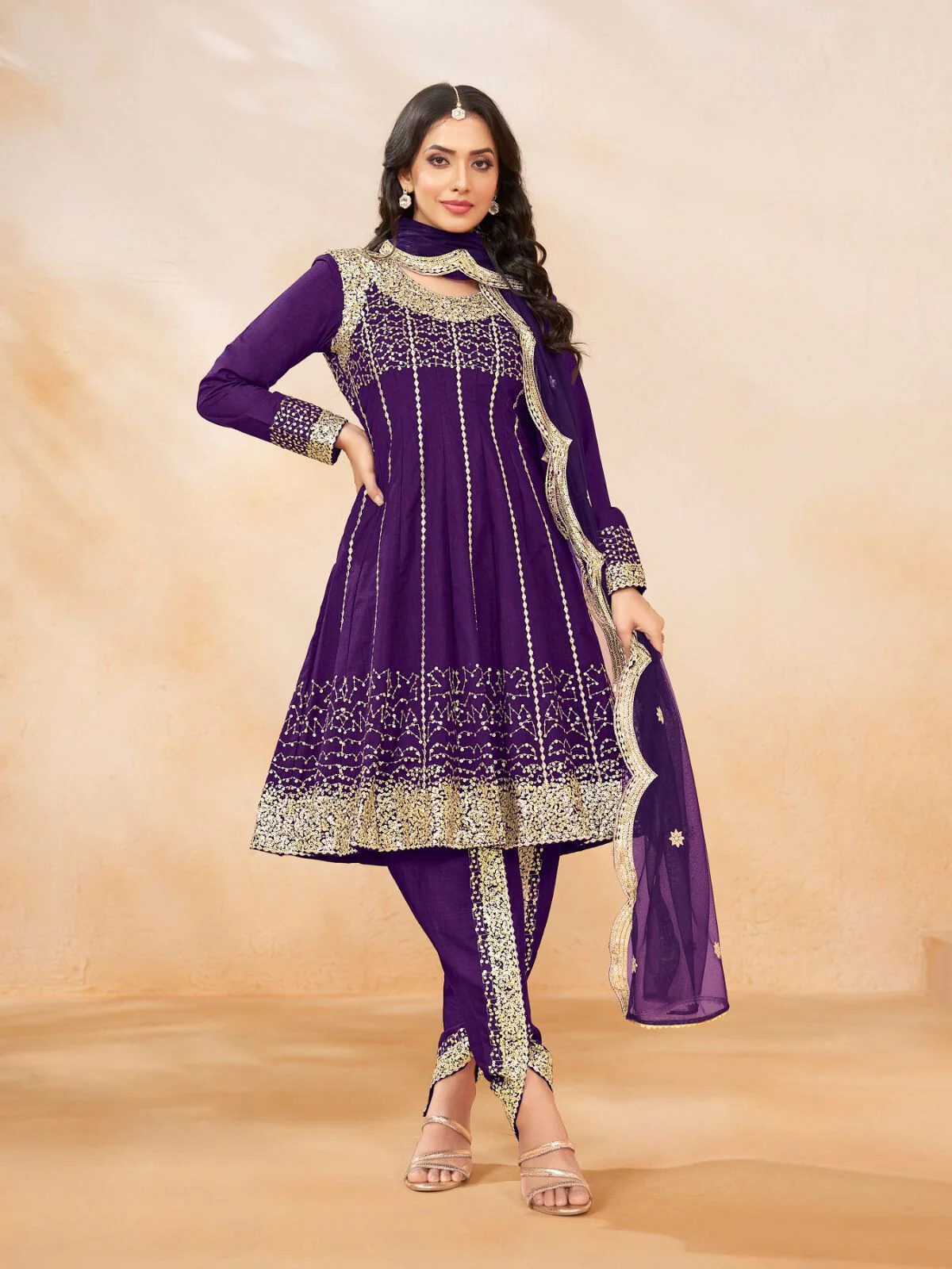 Odette Purple Art Silk Embellished Semi Stitched Kurta Set For Women - Image 3