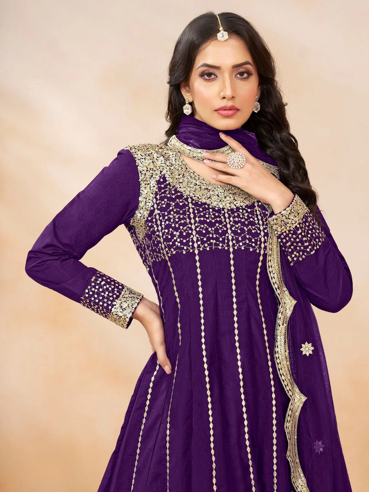 Odette Purple Art Silk Embellished Semi Stitched Kurta Set For Women - Image 4