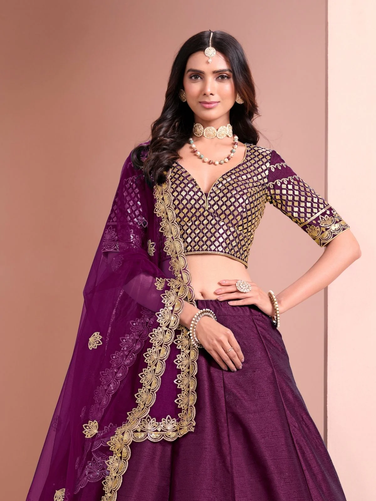 Odette Purple Art Silk Embellished Semi-Stitched lehenga For Women - Image 4