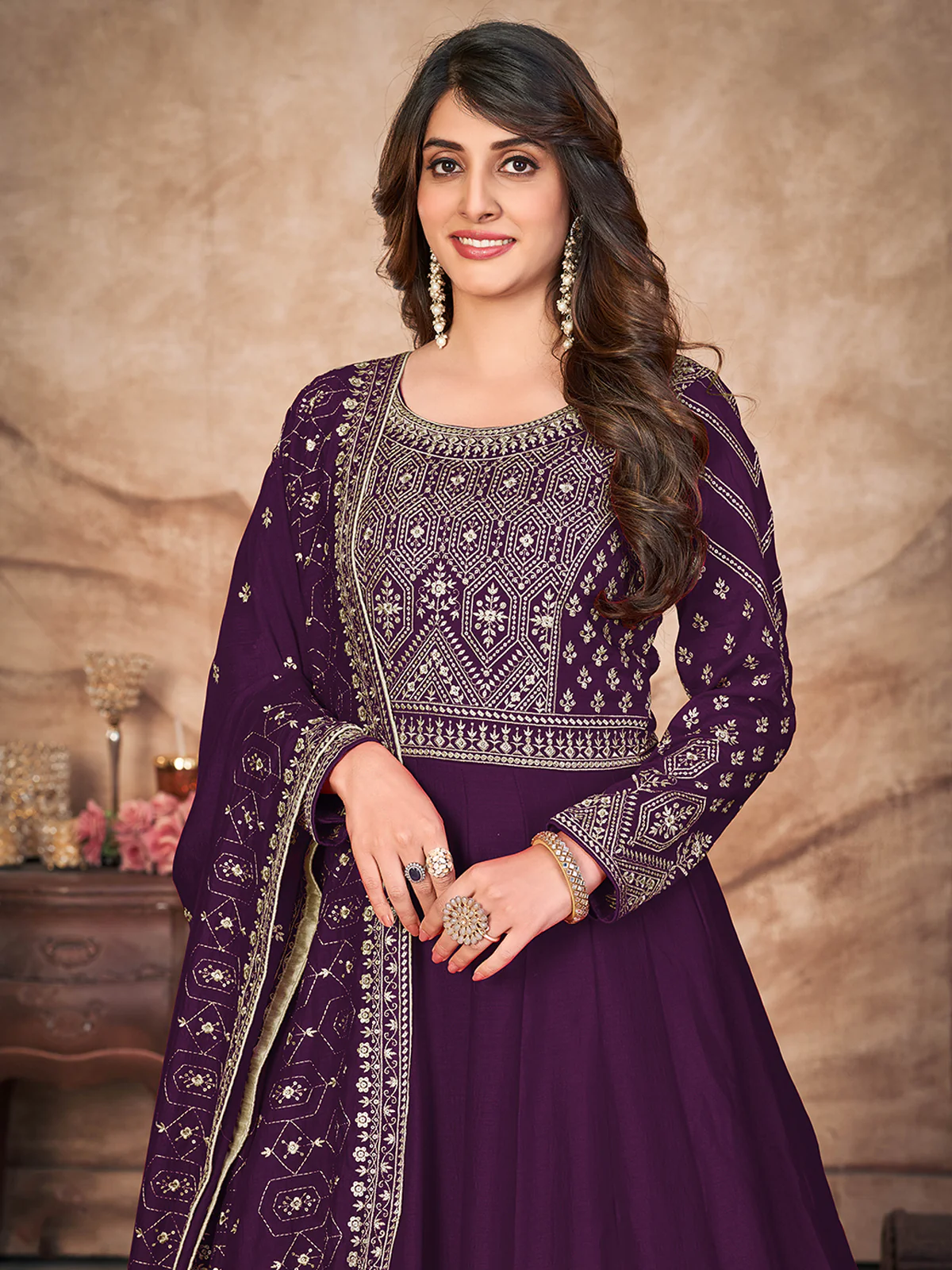 Odette Purple Art Silk Embroidered Semi stitched Kurta Set For Women - Image 3