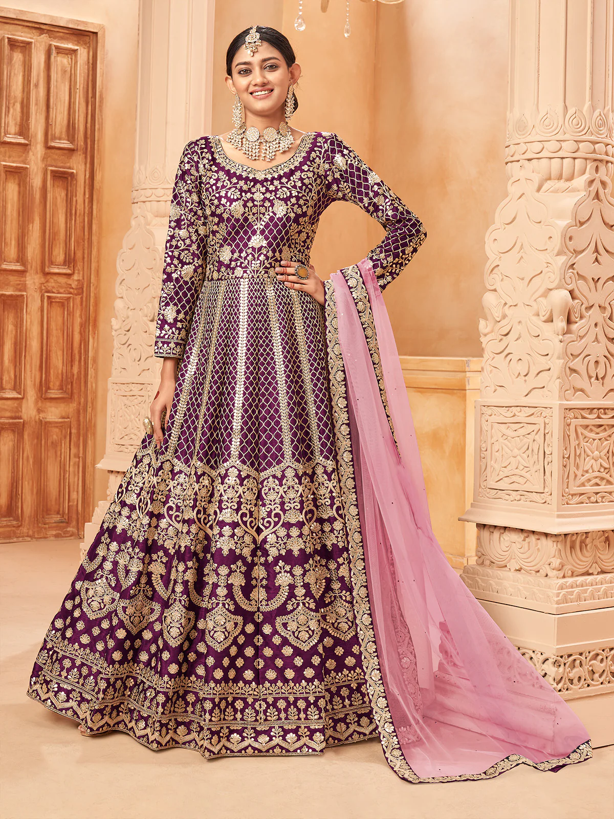 Odette Purple Art Silk Embroidered Semi stitched Kurta Set For Women - Image 2