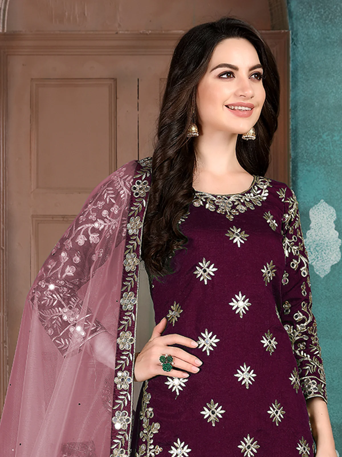 Odette Purple Art Silk Embroidered Semi stitched Kurta Set For Women - Image 2