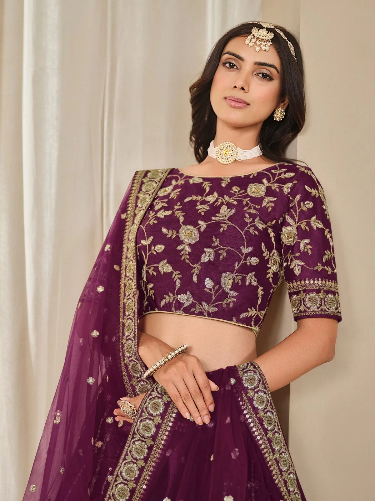 Odette Purple Art Silk Embroidered Semi-Stitched lehenga For Women - Image 4