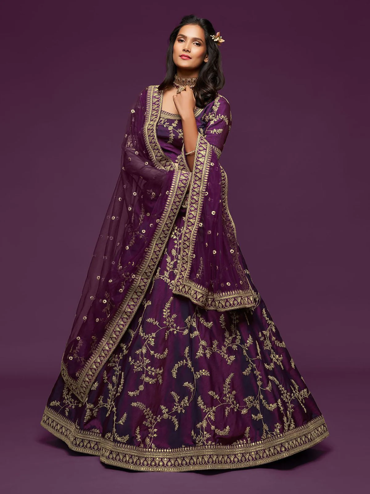 Odette Purple Art Silk Embroidered Semi Stitched Lehenga With Unstitched Blouse For Women - Image 2