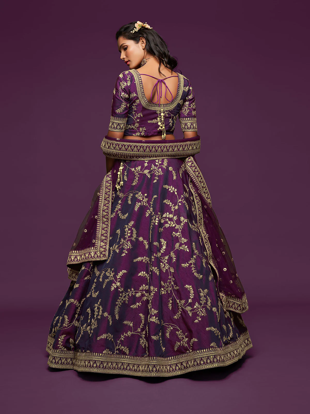 Odette Purple Art Silk Embroidered Semi Stitched Lehenga With Unstitched Blouse For Women - Image 4