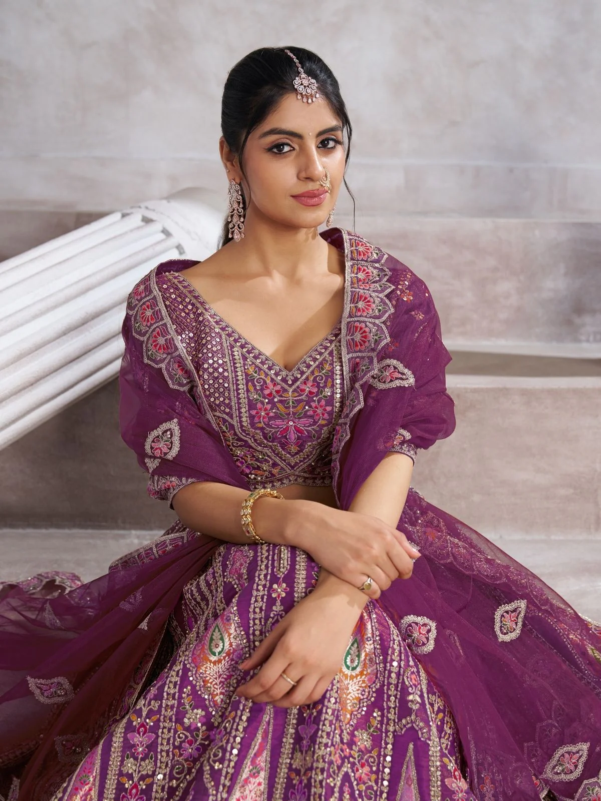Odette Purple Banarasi Silk Embroidered Semi-Stitched Lehenga For Women - Image 4