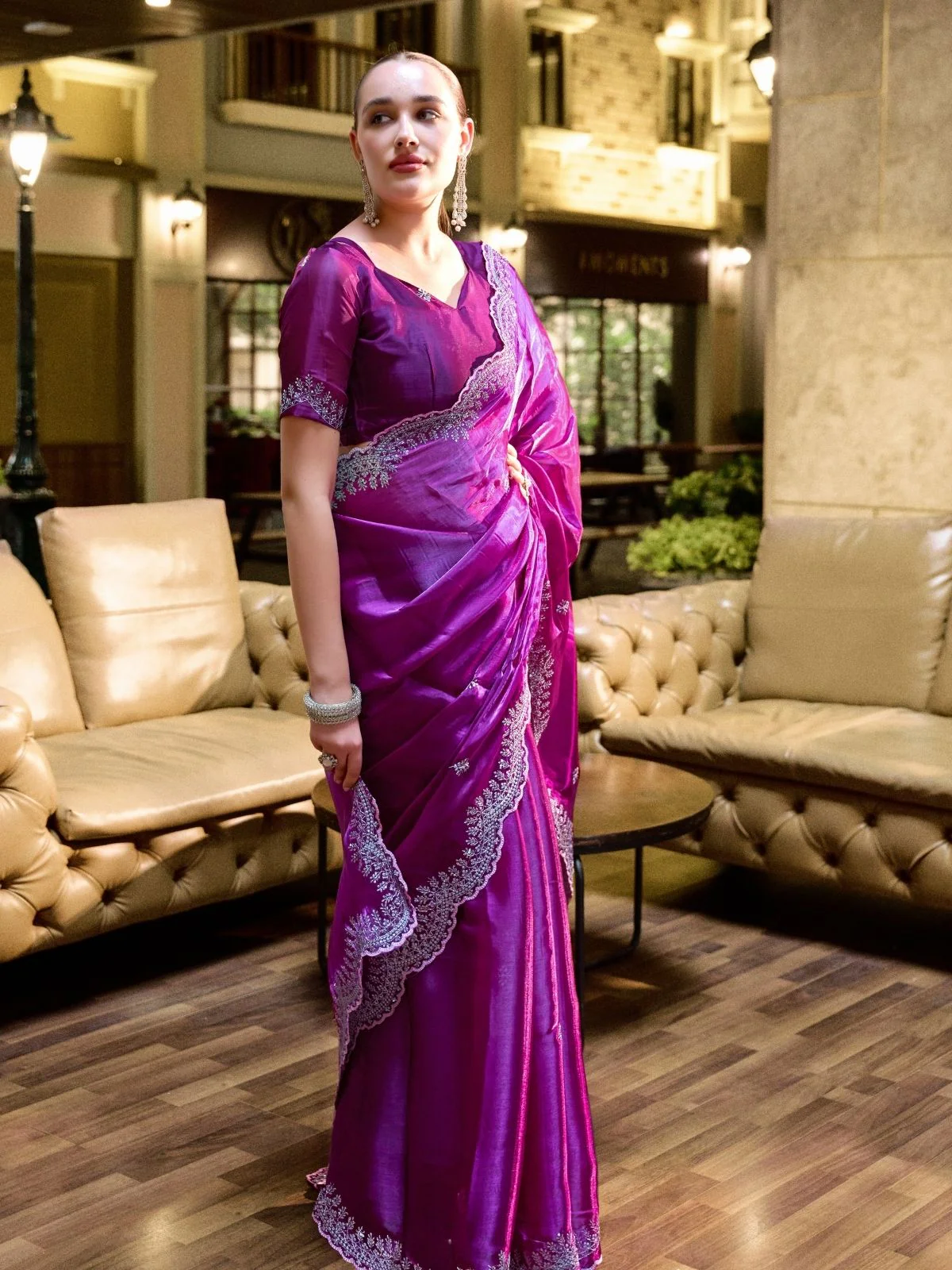 Odette Purple Chiffon Embellished Saree For Women - Image 3