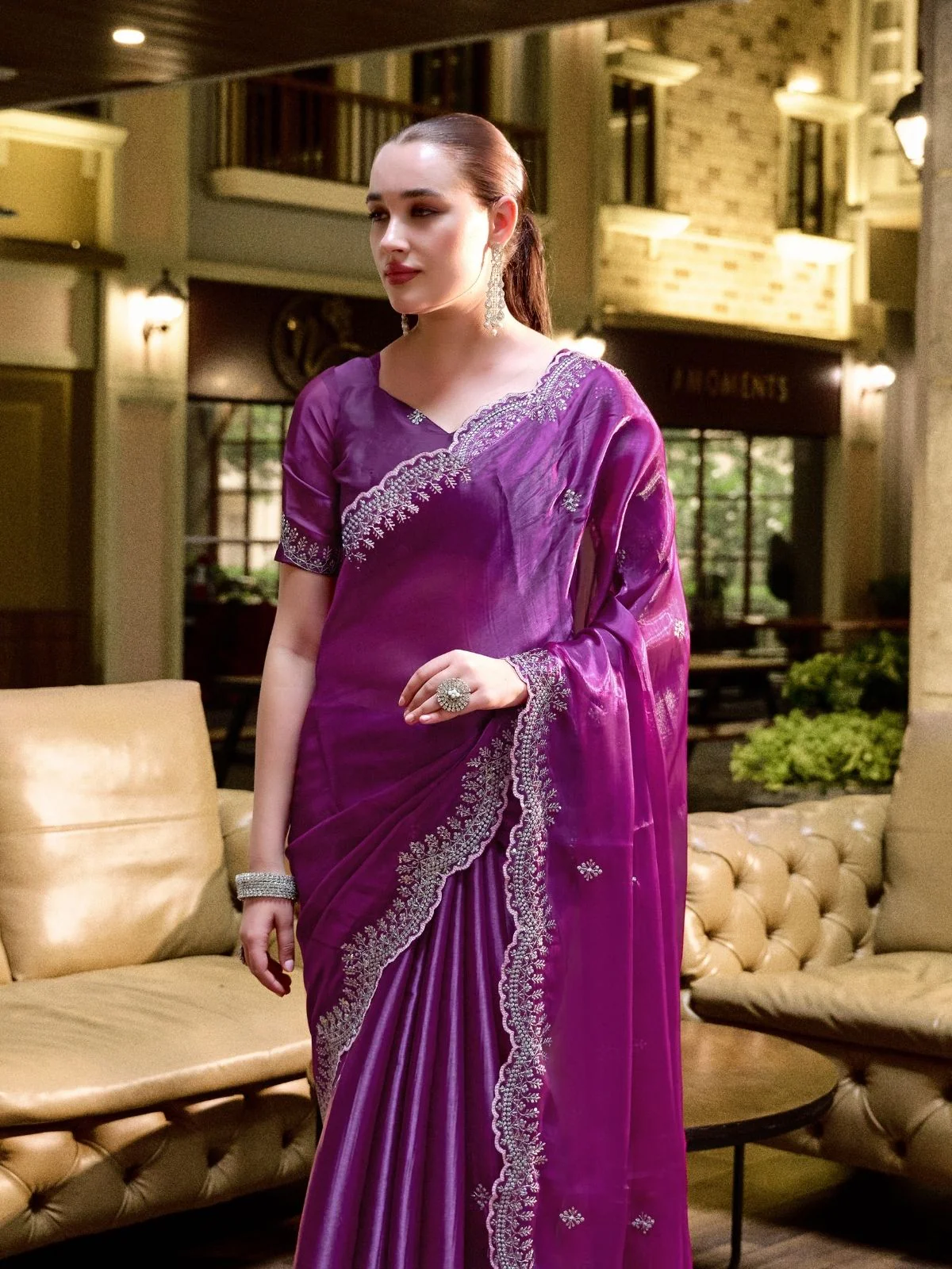Odette Purple Chiffon Embellished Saree For Women - Image 5