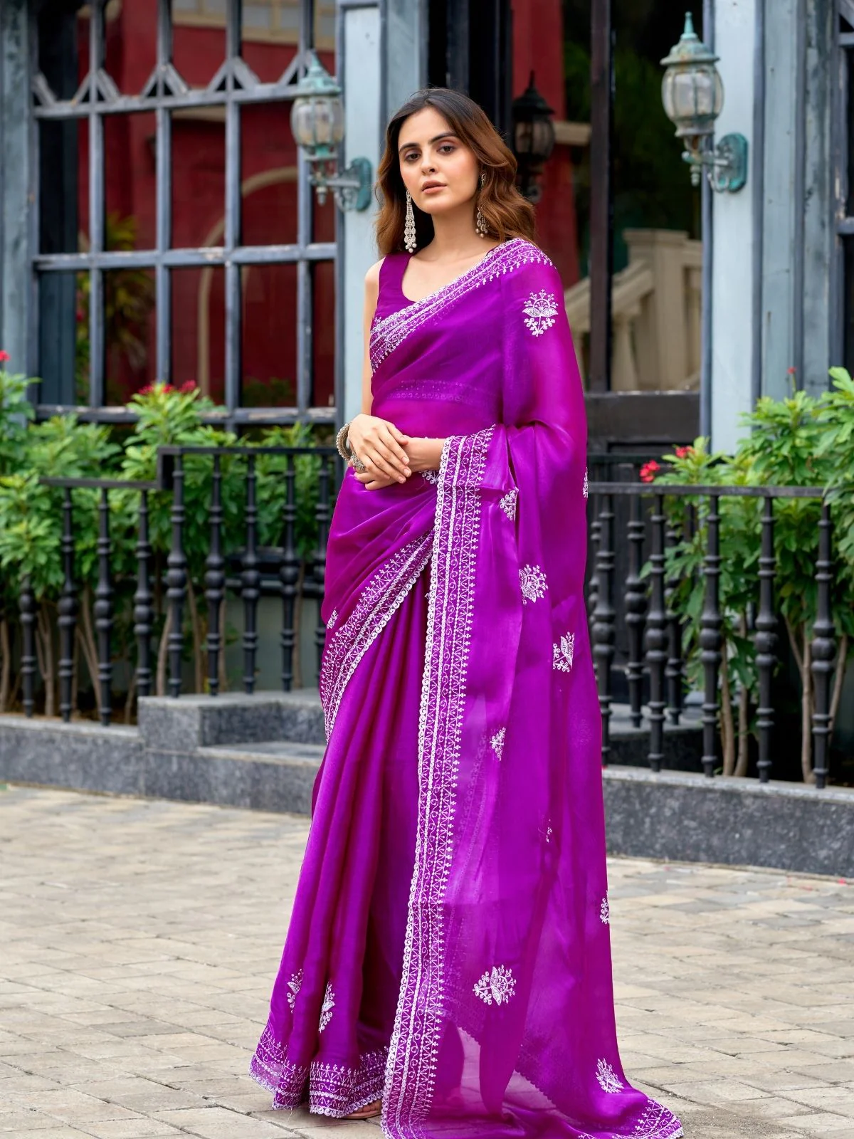 Odette Purple Chiffon Embroidered Saree For Women - Image 2