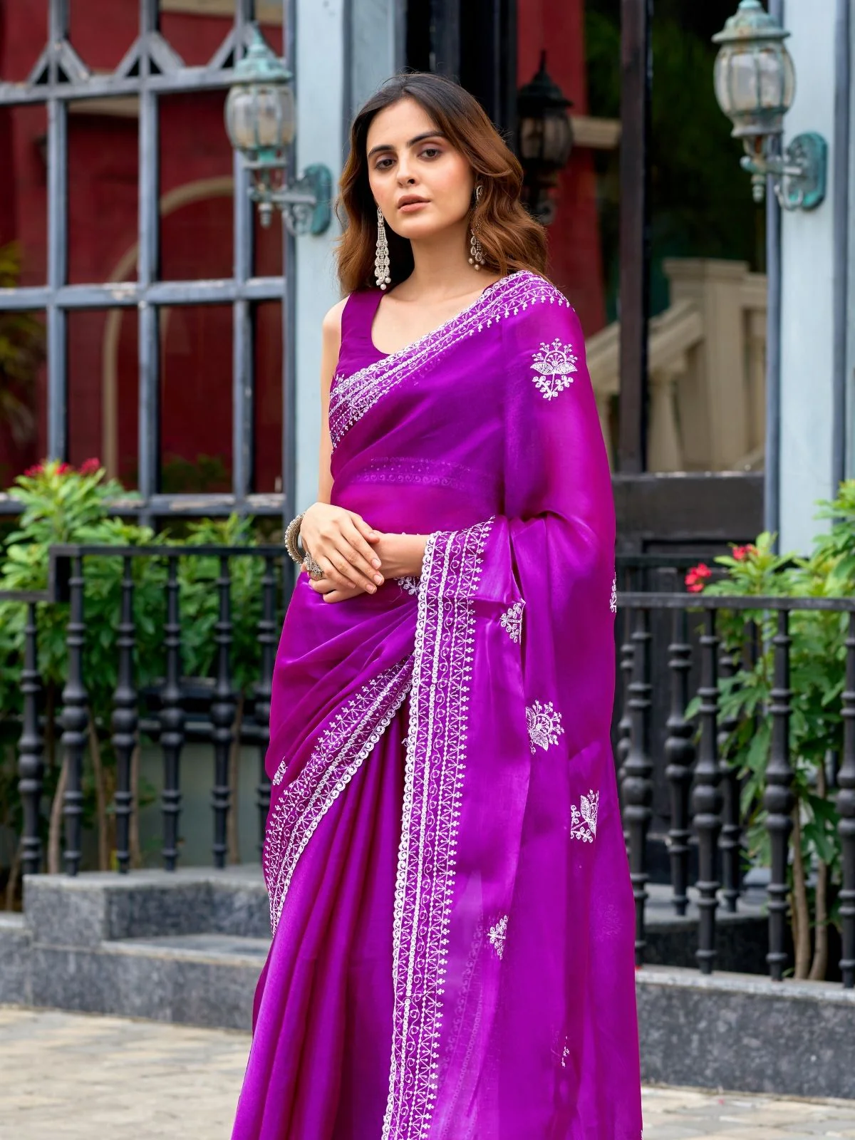 Odette Purple Chiffon Embroidered Saree For Women - Image 6