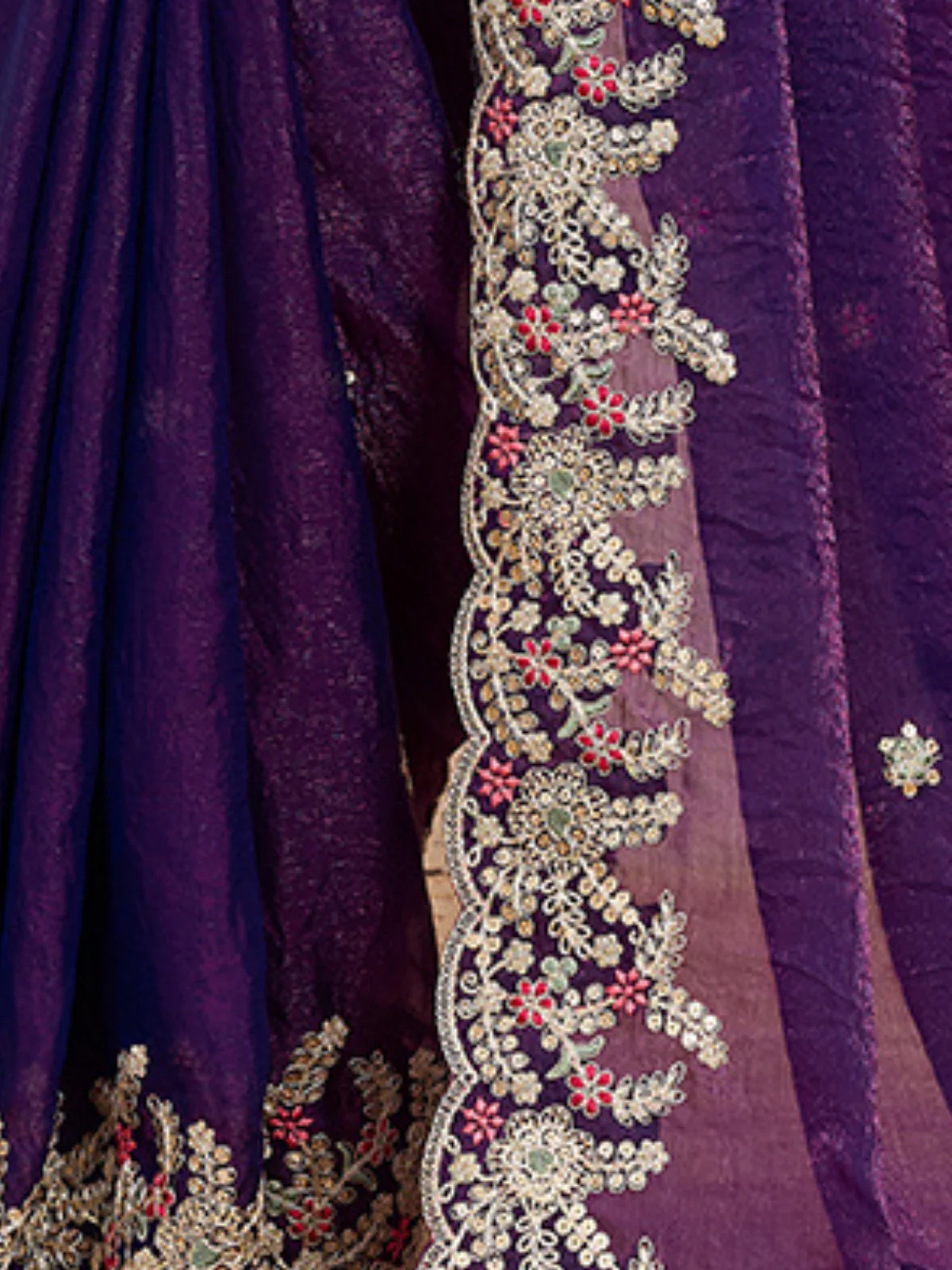Odette Purple Chiffon Embroidered Saree For Women - Image 5