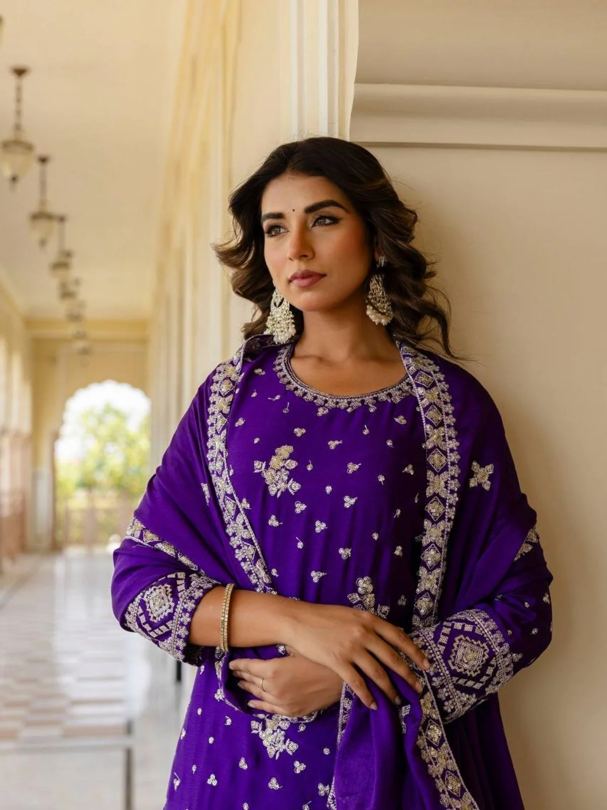 Odette Purple Chiffon Embroidered Stitched Kurta Set For Women - Image 3