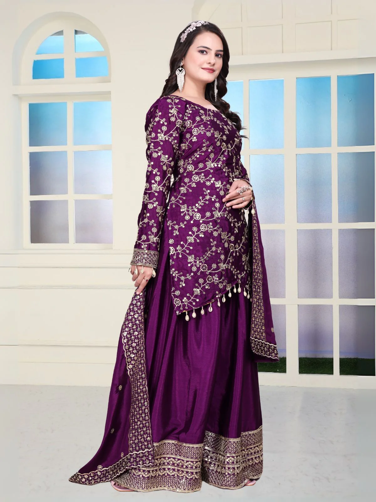 Odette Purple Chinon Embroidered Kurta Set For Women - Image 2