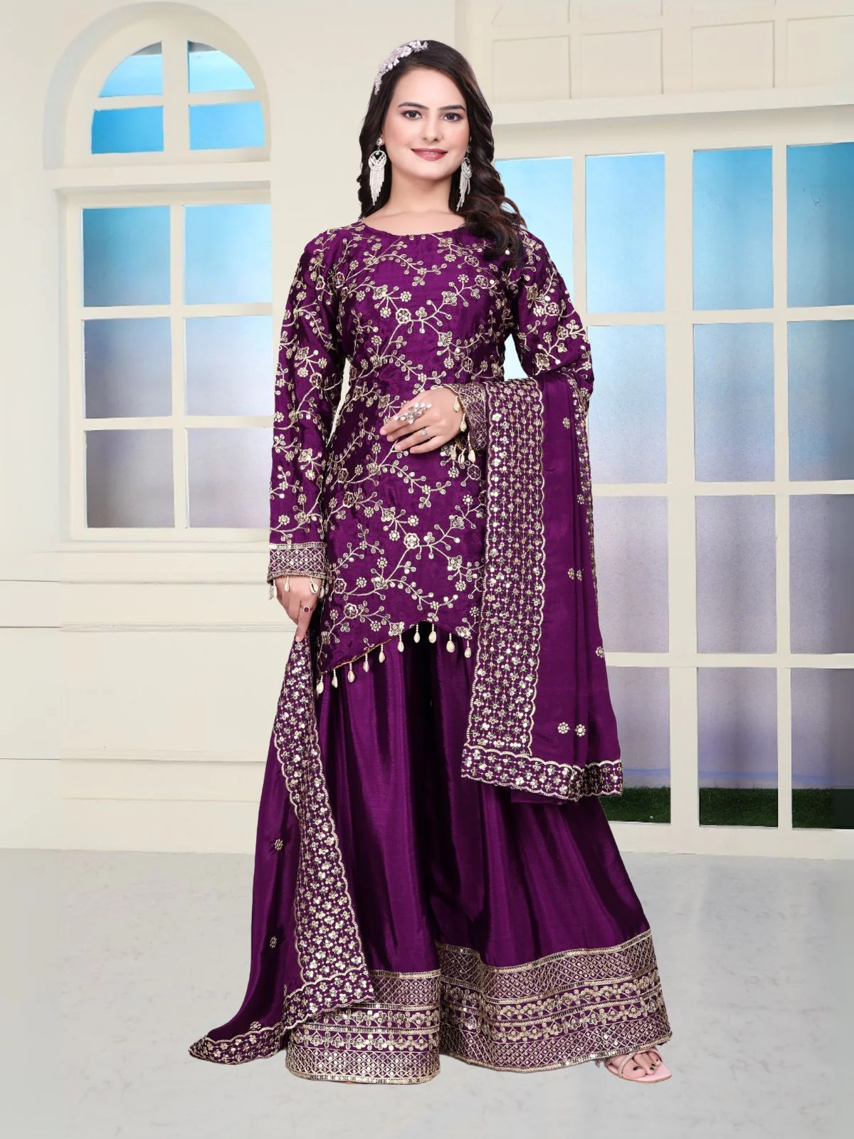 Odette Purple Chinon Embroidered Kurta Set For Women - Image 3