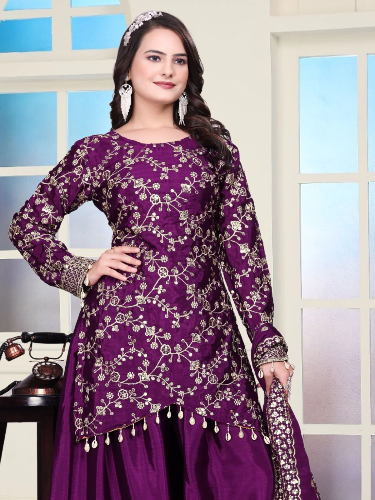 Odette Purple Chinon Embroidered Kurta Set For Women - Image 4
