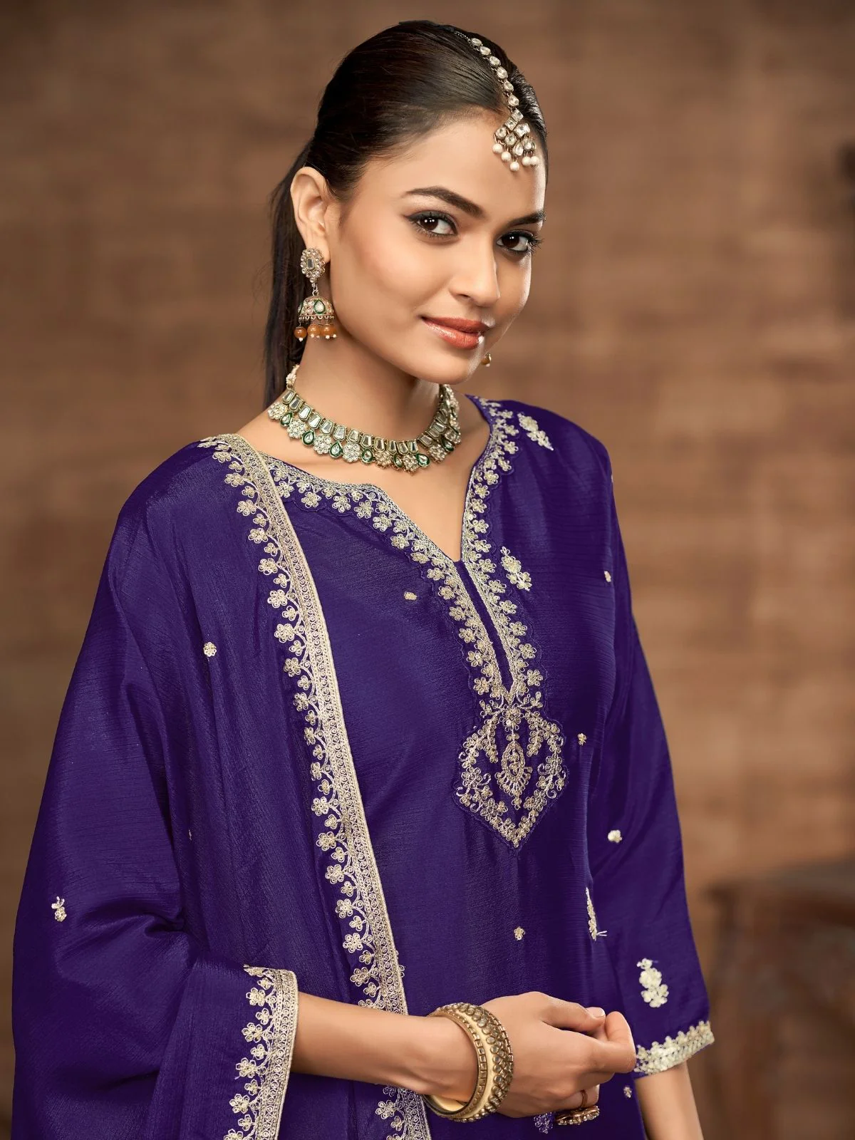 Odette Purple Chinon Embroidered Semi-Stiched Kurta Set For Women - Image 4