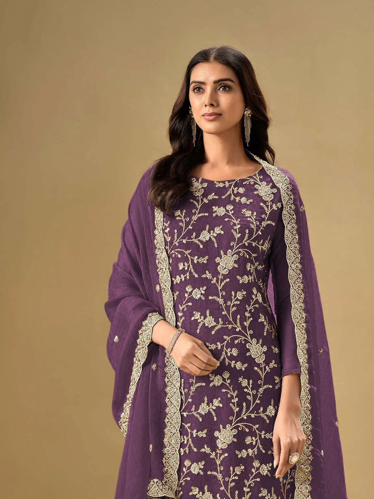Odette Purple Chinon Embroidered Semi-Stitched Kurta Set For Women - Image 2
