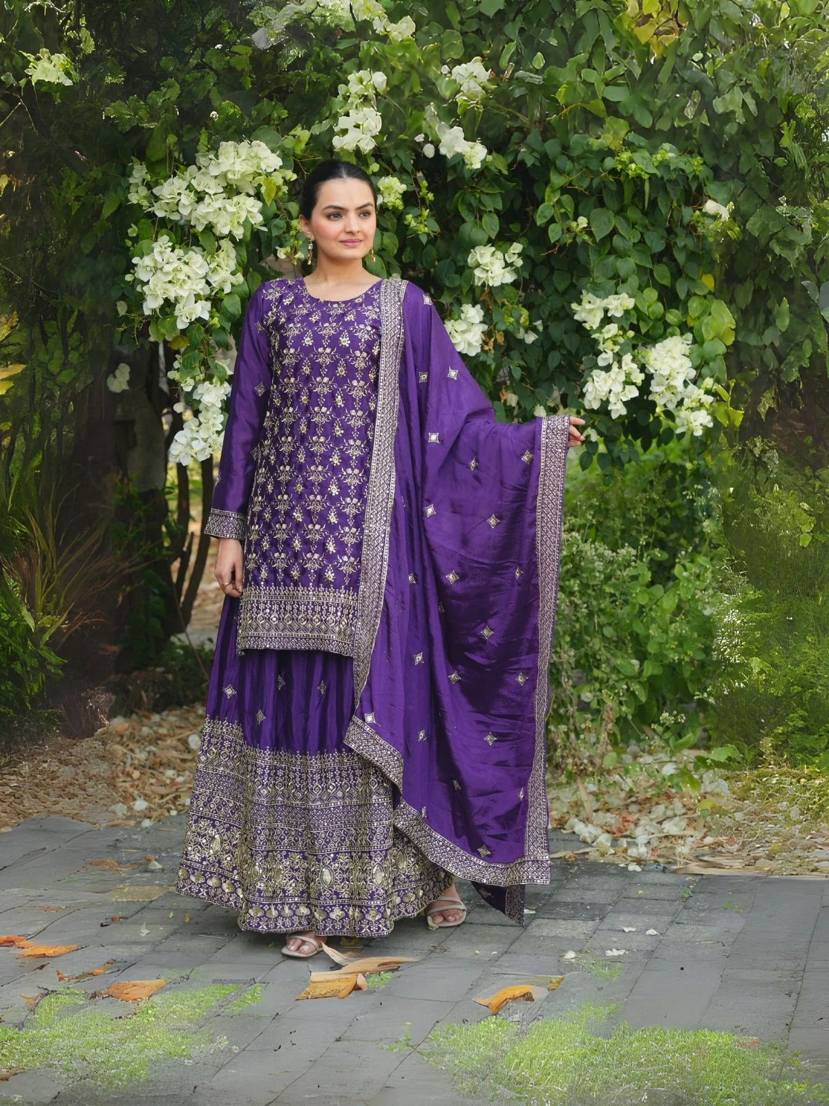Odette Purple Chinon Embroidered Stitched Kurta Set For Women - Image 2