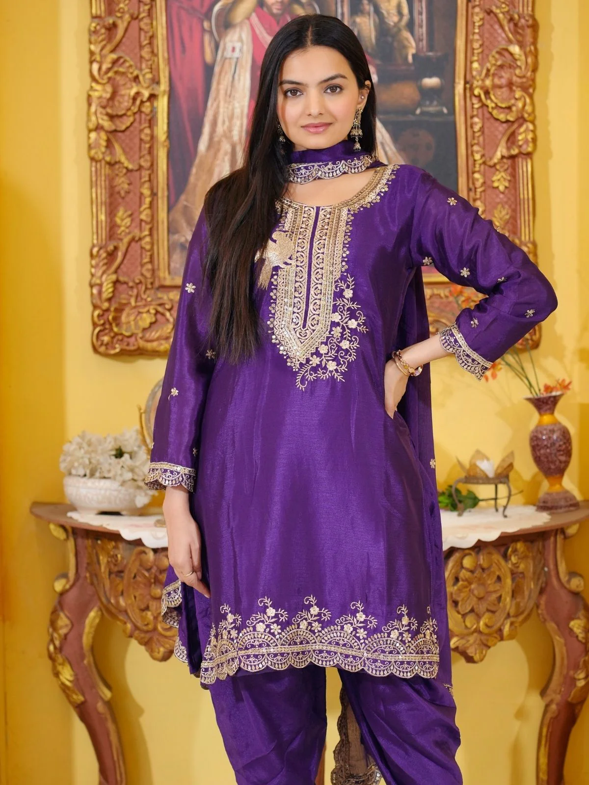 Odette Purple Chinon Embroidered Stitched Kurta Set For Women - Image 3
