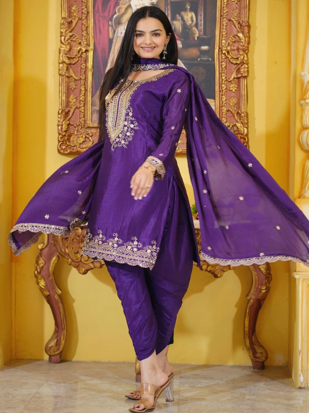 Odette Purple Chinon Embroidered Stitched Kurta Set For Women - Image 6