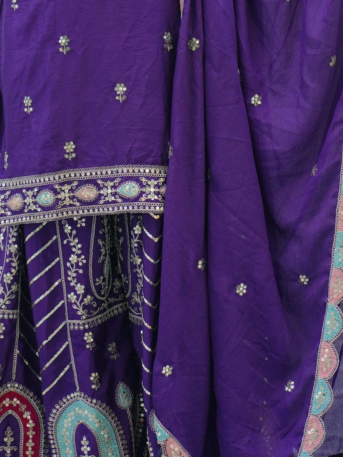 Odette Purple Chinon Embroidered Stitched Kurta Set For Women - Image 4