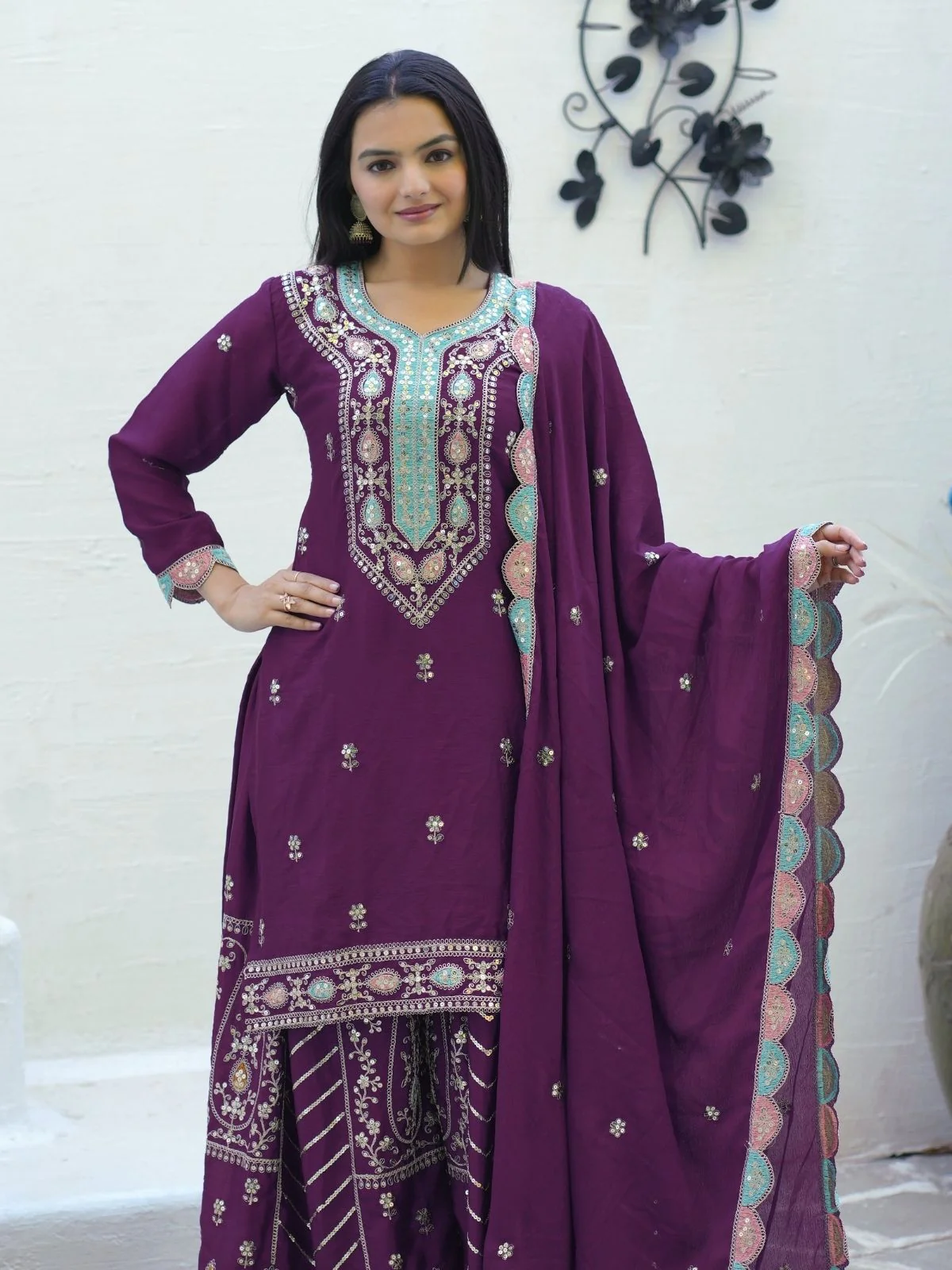 Odette Purple Chinon Embroidered Stitched Kurta Set For Women - Image 5