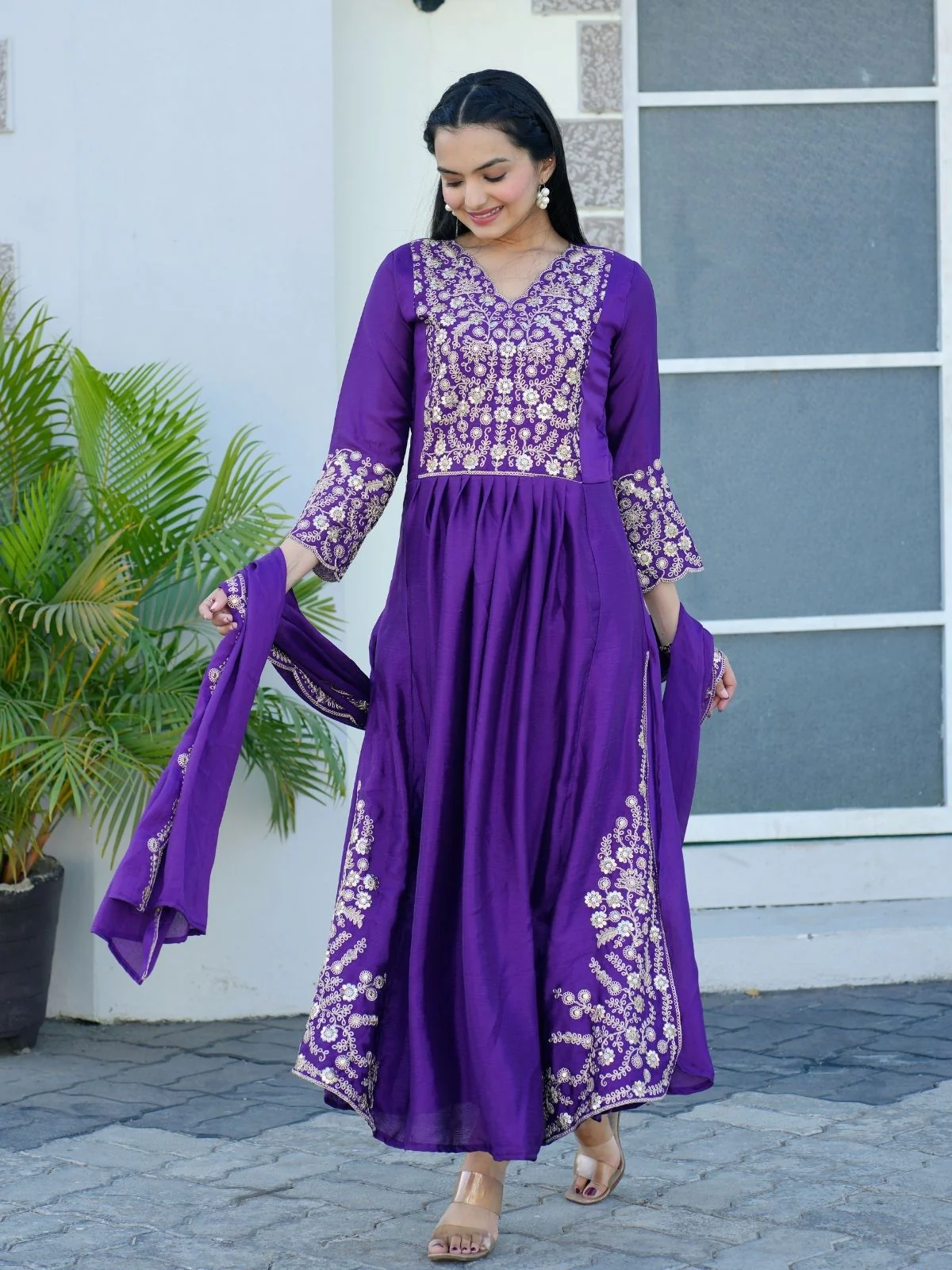 Odette Purple Chinon Embroidered Stitched Kurta Set For Women - Image 2