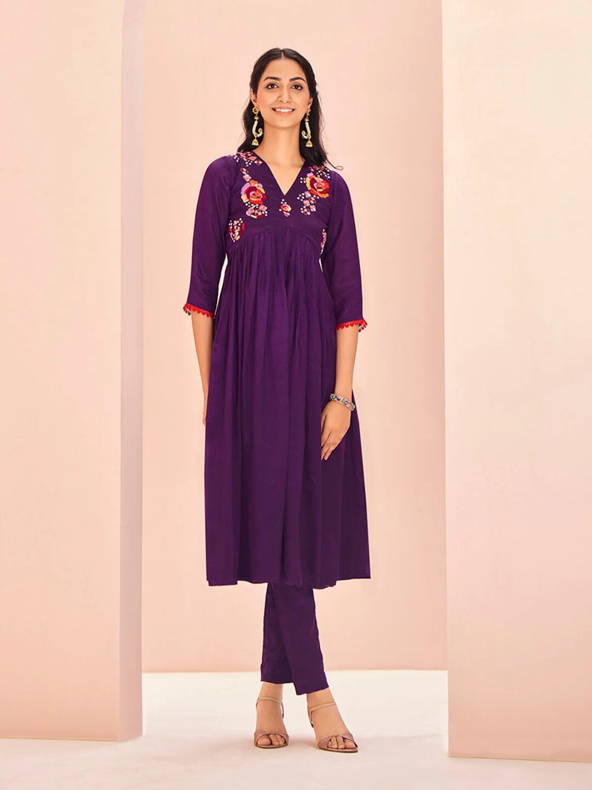 Odette Purple Chinon Embroidered Stitched Kurta Set For Women - Image 2