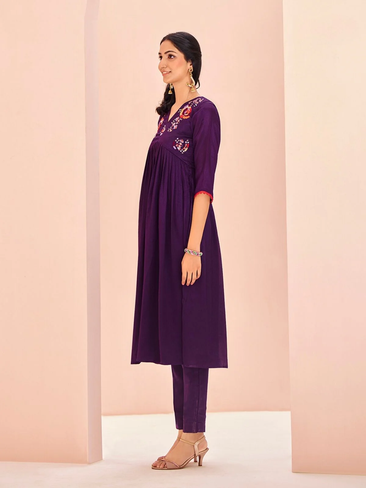 Odette Purple Chinon Embroidered Stitched Kurta Set For Women - Image 3