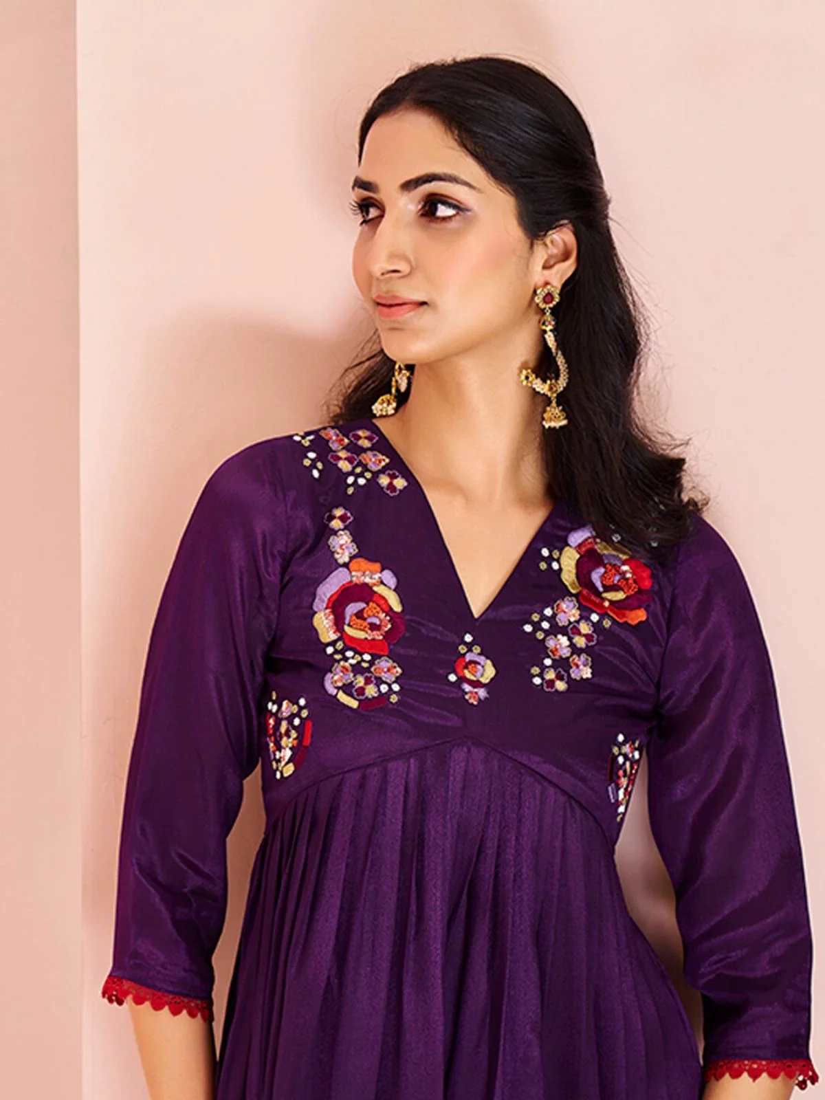 Odette Purple Chinon Embroidered Stitched Kurta Set For Women - Image 5