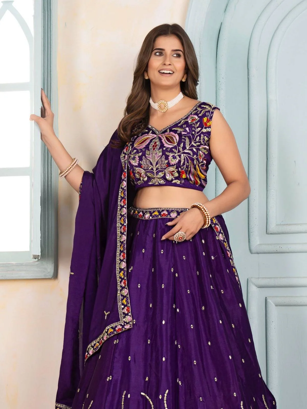 Odette Purple Chinon Sequence Embroidered Semi-Stitched Lehenga For Women - Image 3